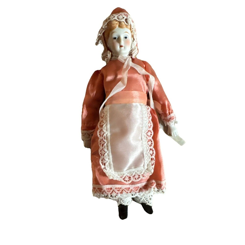 Vintage Porcelain Bisque  Head 7" Dolls in Satin Dresses